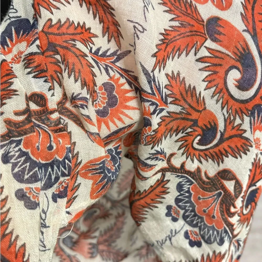 Free People Paisley Linen Orange Navy Blue Lightweight Hobo Slouch Bag Boho